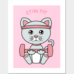 Stay fit, Cute cat lifting weights. Posters and Art